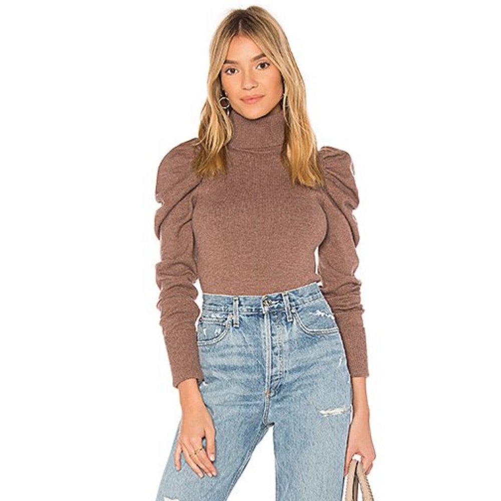 Tularosa Brown Puff-Sleeve Cowl Turtleneck Sweater